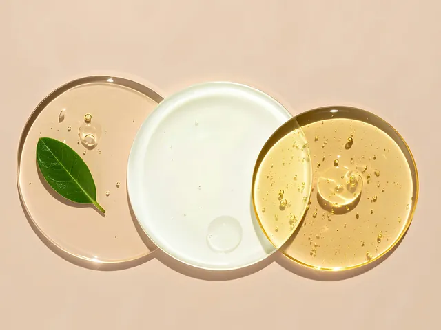 Skincare creams and serums with a green leaf
