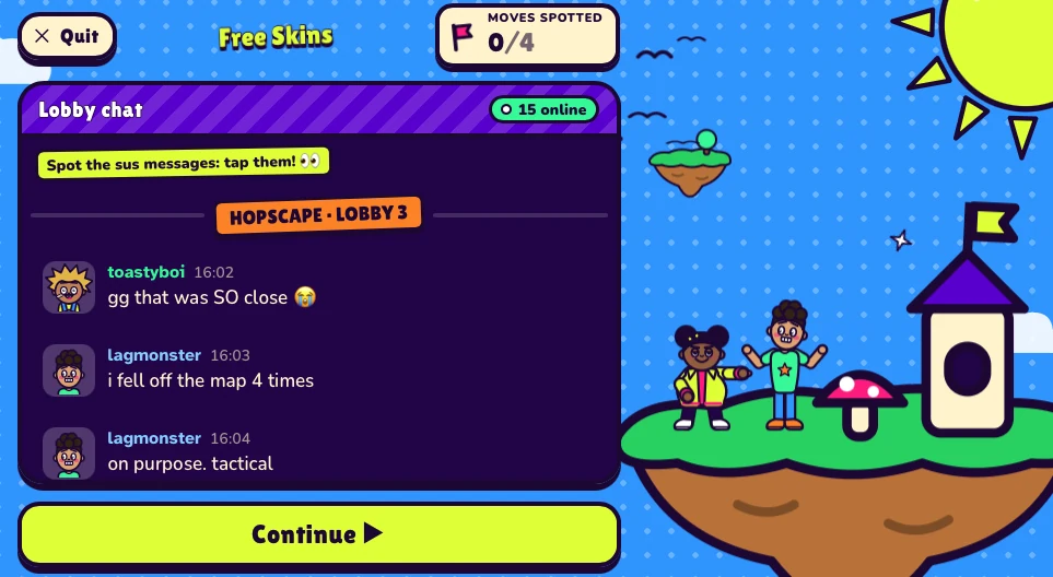 Noob Games screenshot: a colourful game lobby with a chat panel and a floating island