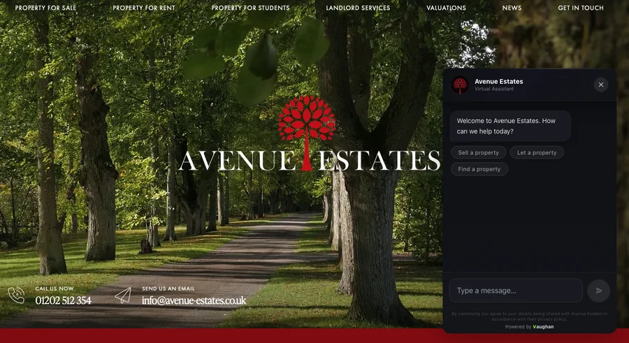 Vaughan's chat assistant open on the Avenue Estates website, offering to help sell, let or find a property