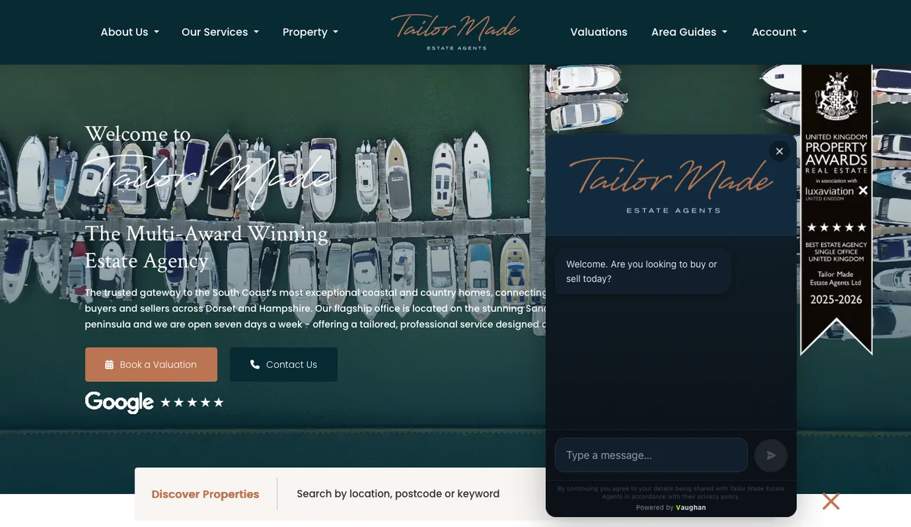 Vaughan's chat assistant open on the Tailor Made Estate Agents website, asking: Are you looking to buy or sell today?